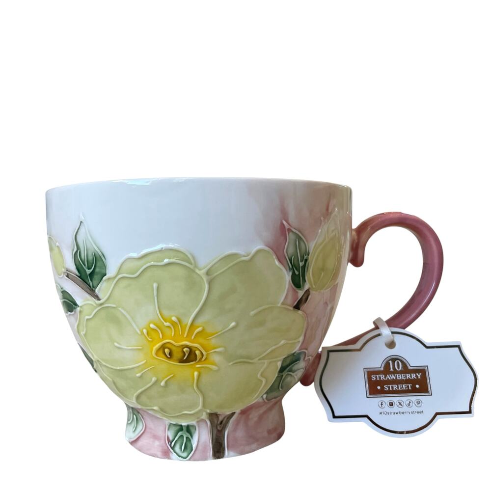 10 Strawberry St. Petaluxe Rose Tea Cup Floral Embossed Coffee Mug Spring New